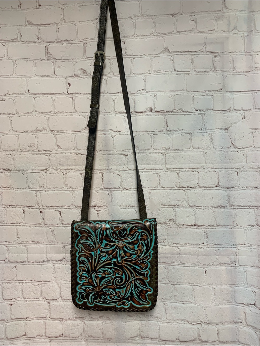 Patricia Nash Brown Turquoise Granada Tooled Crossbody Bag